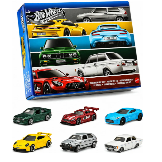Kit Carros Hot Wheels Silver Euro Style Pack C/ 6 Mattel - JLB25 - Volkswagen Golf, Porsche 911