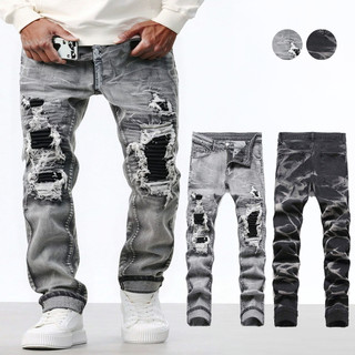 Calça Jeans Masculina Skinny Rasgada Homens Denim Cargo Slim Fit Longo Cinza Claro