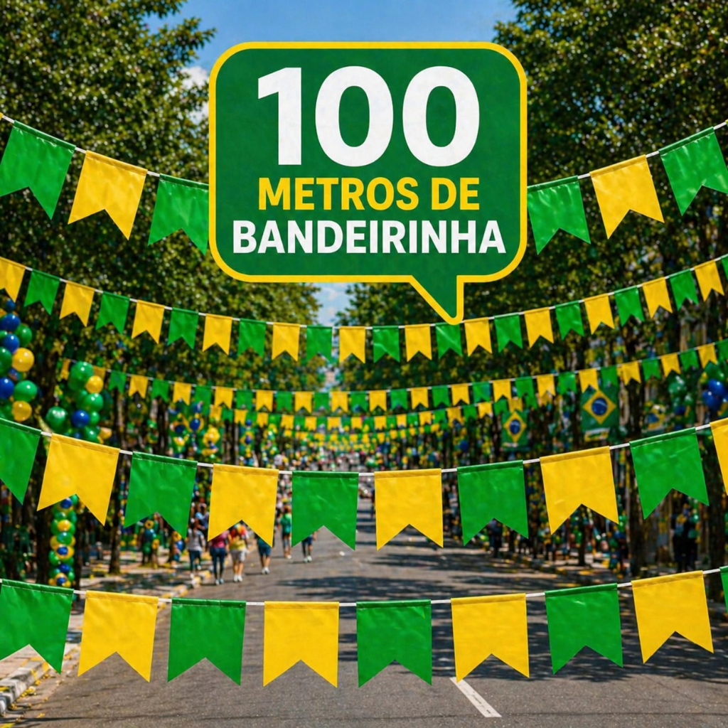Kit 100m Bandeirinha Copa do Mundo Amarelo e Verde Brasil Plástico e Papel