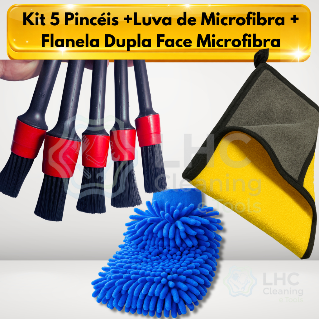 Kit Limpeza Automotiva 05 Pincéis limpeza Automotivas +  Flanelas Toalhas Panos Microfibra 40x30 60x30 + Luva Microfibra