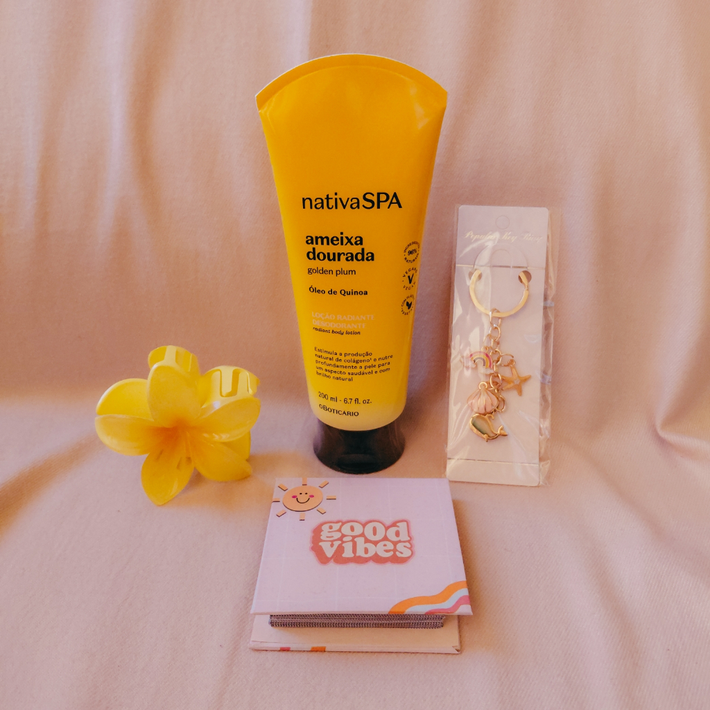 Kit Presente Feminino Nativa SPA Ameixa Dourada + Bloquinho notas + Chaveiro Praia + Presilha Flor