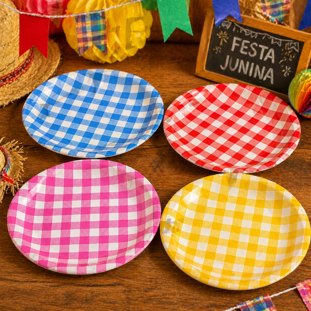 Prato De Papel Estampa Xadrez Decorativo Festa Junina 18CM C/10 Unidades #PartiuFesta Mesa Doces