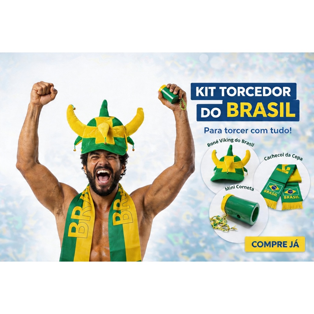 Kit Torcedor Brasil Completo Copa Do Mundo 3 Peças Chapéu Viking + Cachecol Brasil + Corneta Unissex Festa Futebol Bar