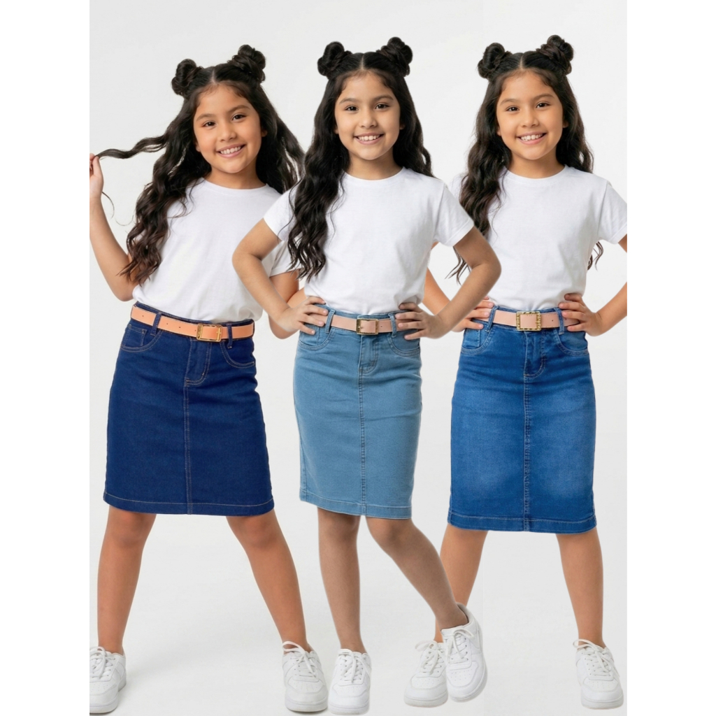 Saia Jeans Infantil Básica Com Cinto Anagrom Moda Evangélica Varias Cores
