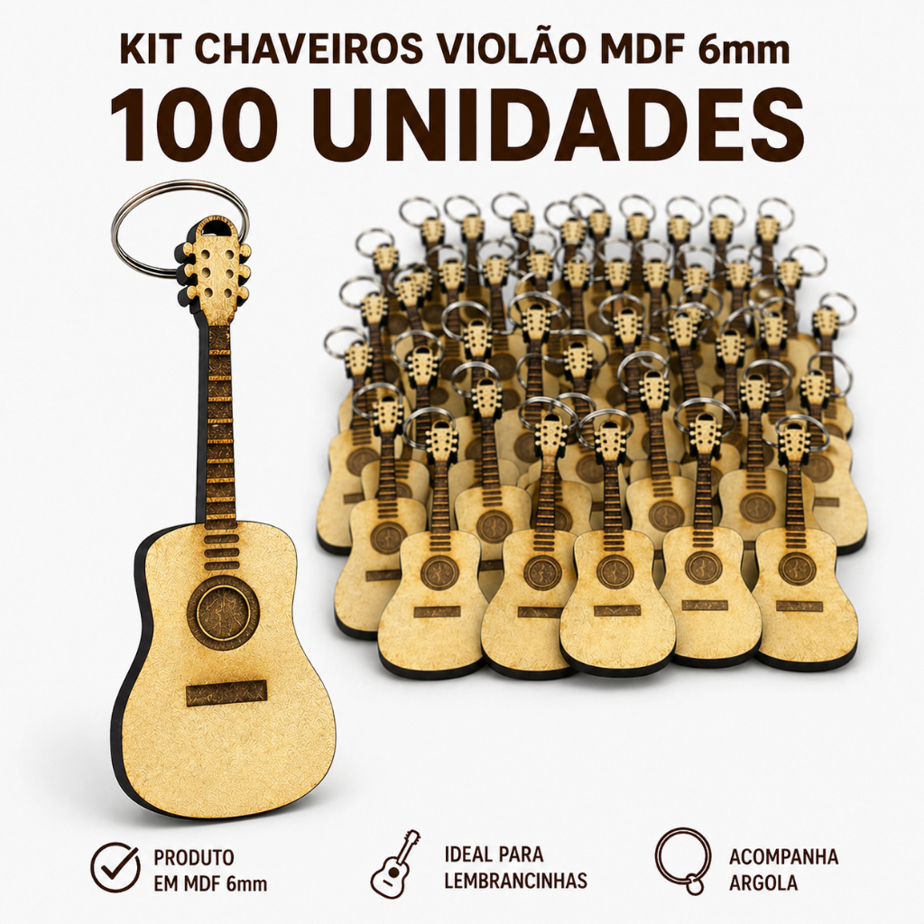 Kit com 100 Chaveiros De Violão MDF 6mm com Argola Instrumento Musical Lembrancinha Decoração Top