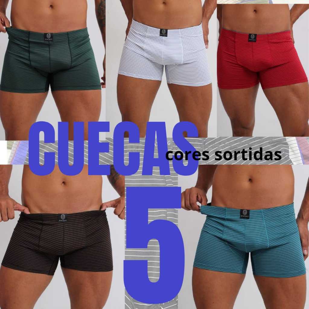 Kit 5 Cuecas Listradas Boxer Premium Original Adulto Confortável Masculina Sem Costura na Lateral Alta Qualidade Box