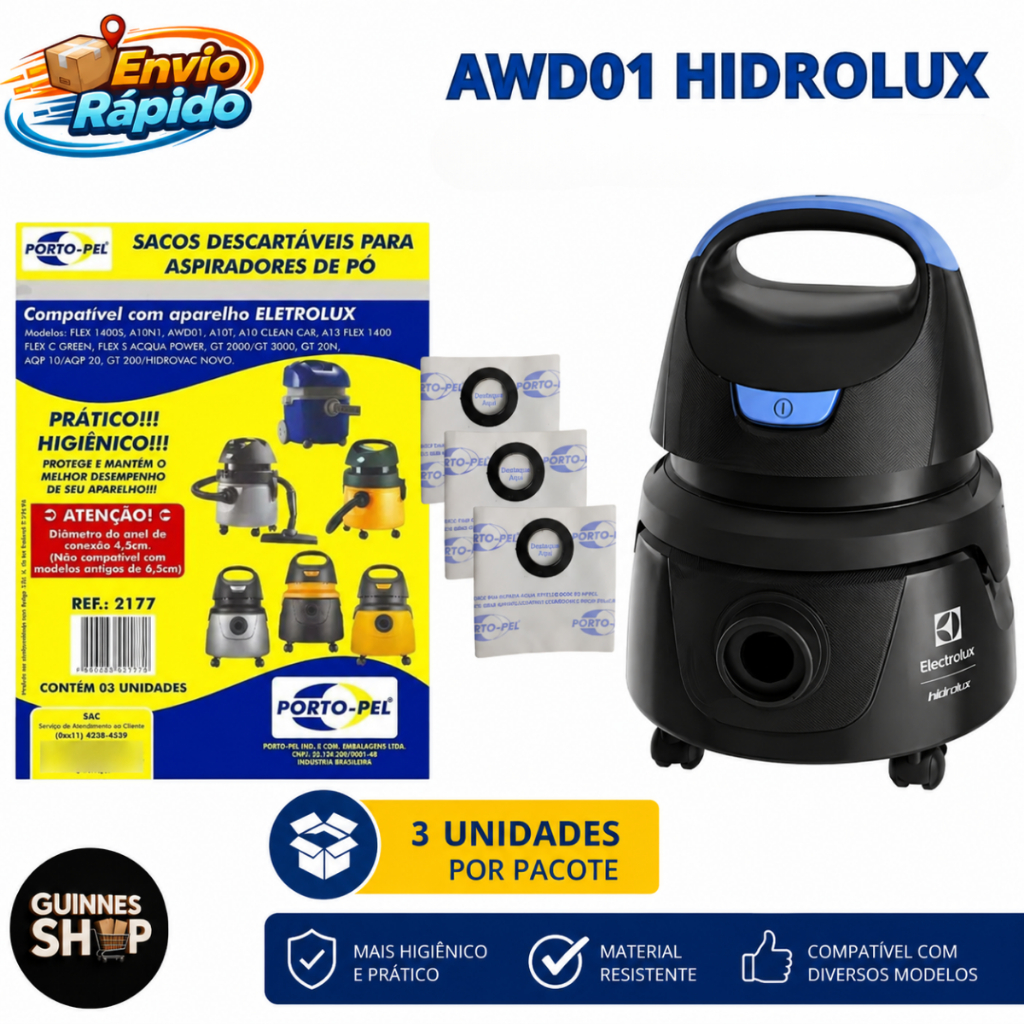 Kit 3 Sacos Aspirador de Pó Electrolux - AWD01 HIDROLUX (2177) AQP10