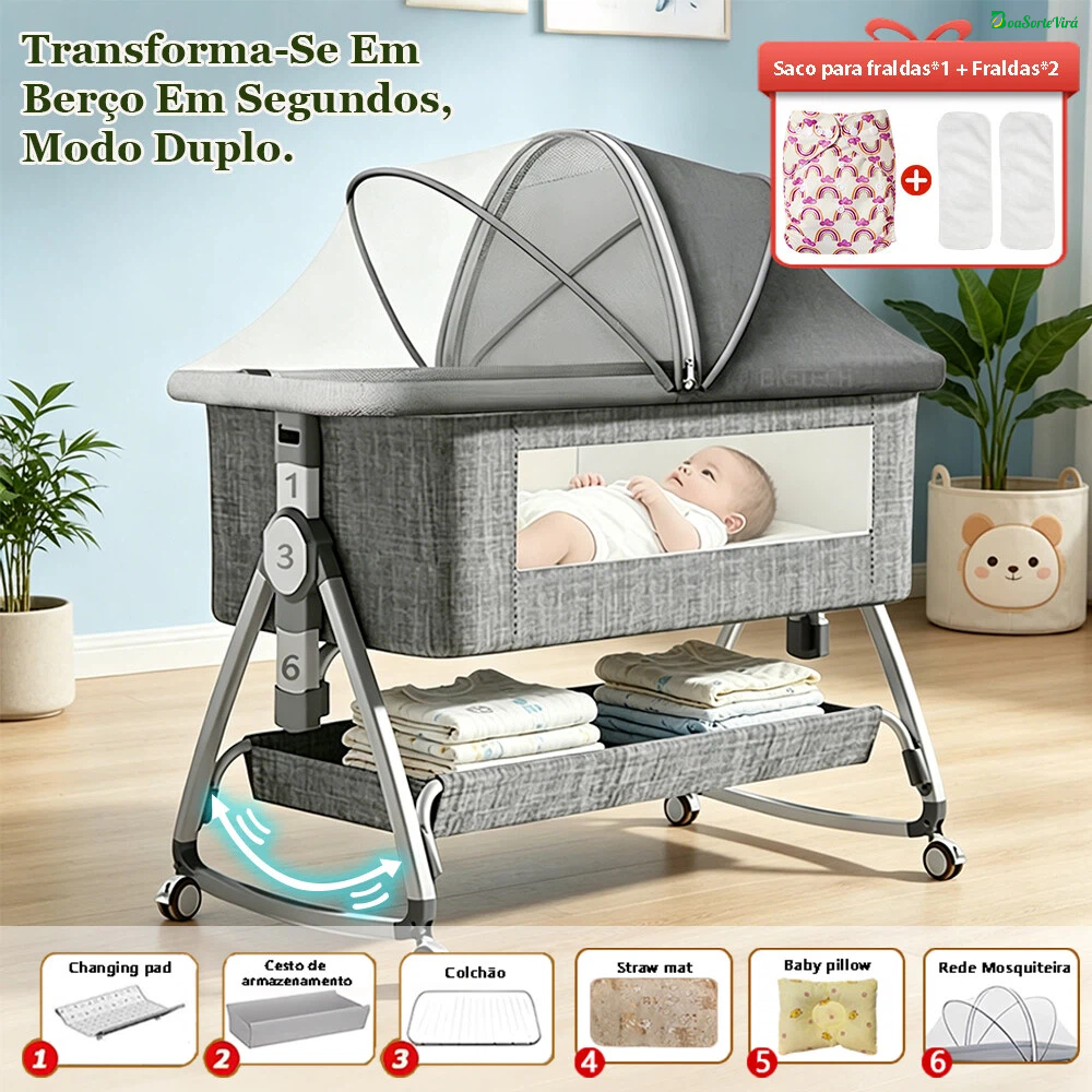 Berço Portátil Moises Co-bed Com Balanço Mosquiteiro E Cesto Regulagem De Altura