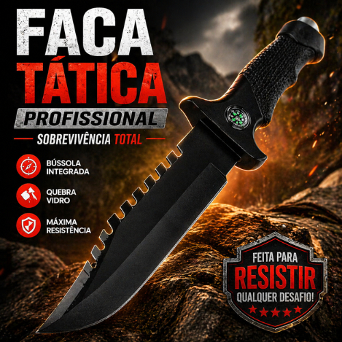 Faca de Sobrevivência Aço Inoxidável Ultra Resistente com Bússola Cabo Anatômico Camping Tático Profissional