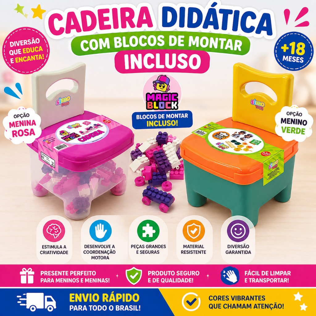 Cadeira Infantil Brinquedo com Acessórios – Cozinha 25 Peças ou Multi Block 50 Peças | Dimo Toys