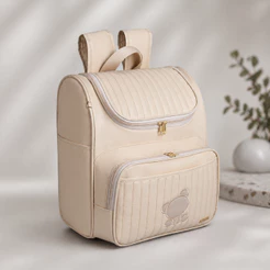 Mochila Maternidade Bege c/ Urso Bordado Bege