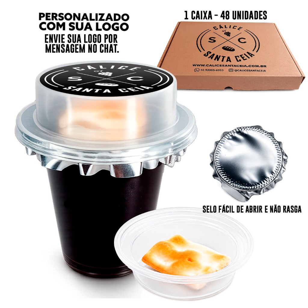 Kit Cálice de Santa Ceia PERSONALIZADO Pronto com Suco de Uva integral e Pão Ázimo 48 Unidades