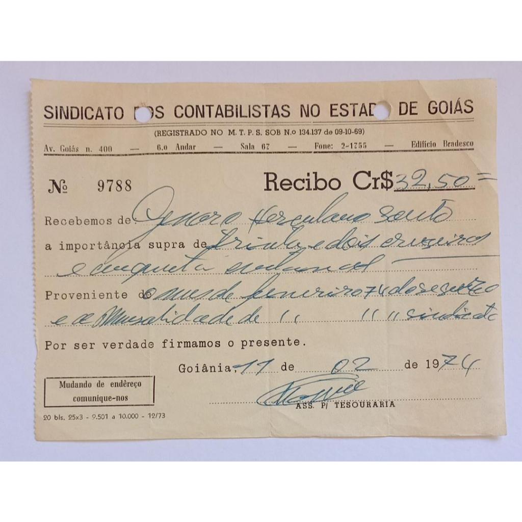 Recibo Sindicato dos Contabilistas Goiás 1974 Genaro Herculano Souto Documento Goiânia
