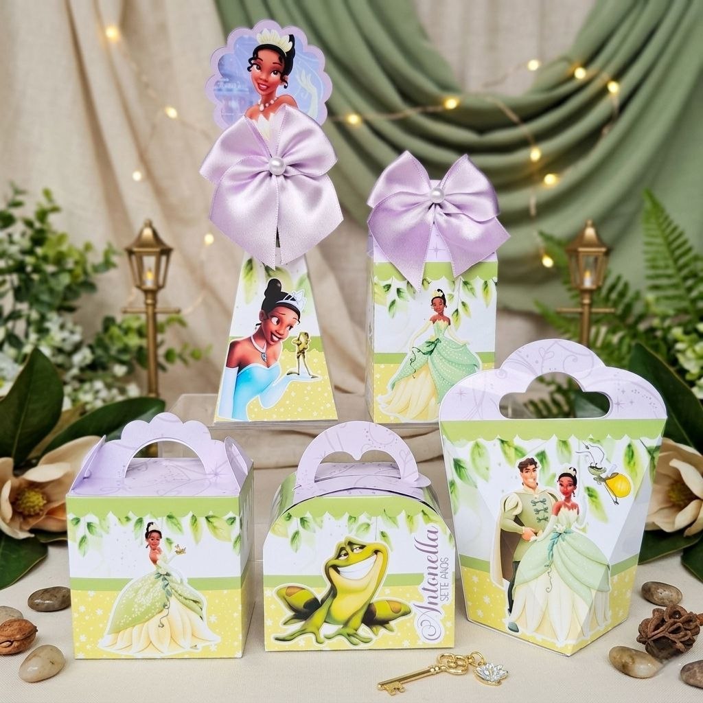 Kit Personalizados TIANA A PRINCESA E O SAPO Pegue e Monte Caixinhas Lembrancinhas Festa Infantil Aniversário
