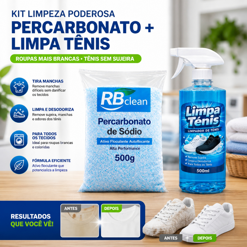 Kit Percarbonato de Sódio + Limpa Tênis 500ml RB Clean Tira Manchas Clareador Roupas e Tênis