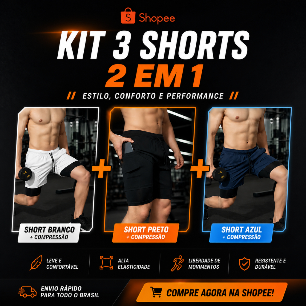 Kit 3 Shorts 2 em 1 Dry Fit com bolso lateral para celular, atividades físicas, Cross Fit, Academia