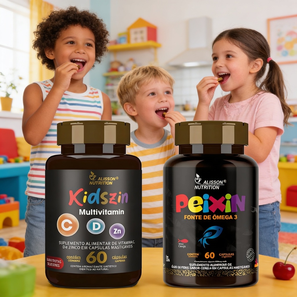Vitaminas Kidszin C D Zinco 60 caps + Peixin 60 cápsulas mastigaveis - Alisson Nutrition