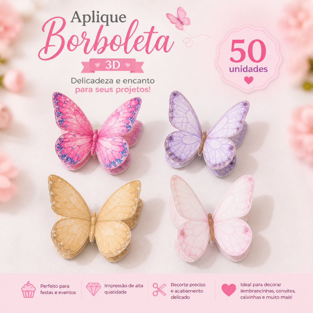 👉 Kit 50 Apliques Borboleta 3D 3cm | Alta Qualidade para Decoração, Lembrancinhas e Personalizados
