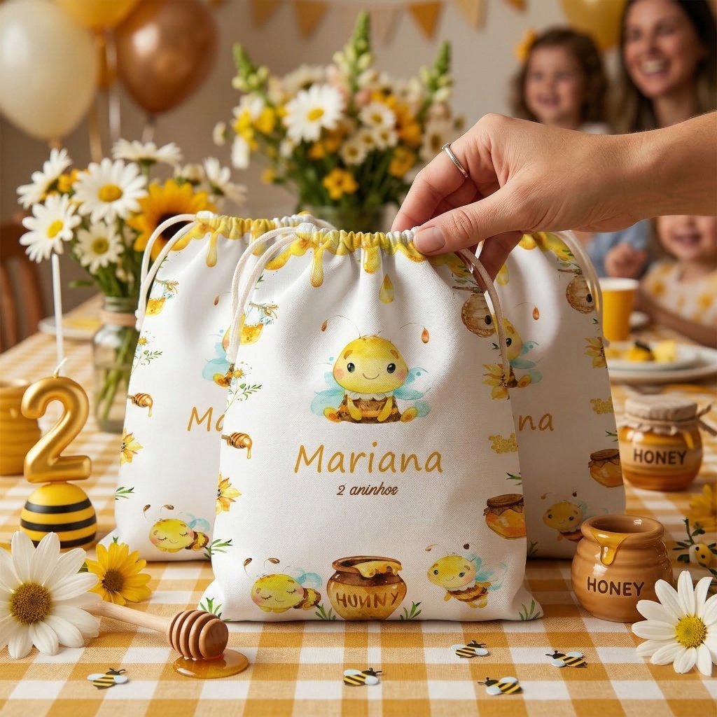10 sacolinhas personalizada tecido Abelinha Fundo Branco lembrancinhas aniversario  30cmx20cm
