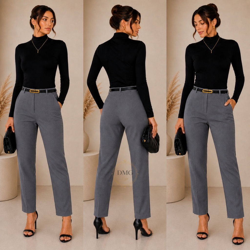 Conjunto Feminino Body Gola Alta Manga Longa + Calça Alfaiataria Com Cinto - ENVIO IMEDIATO !!