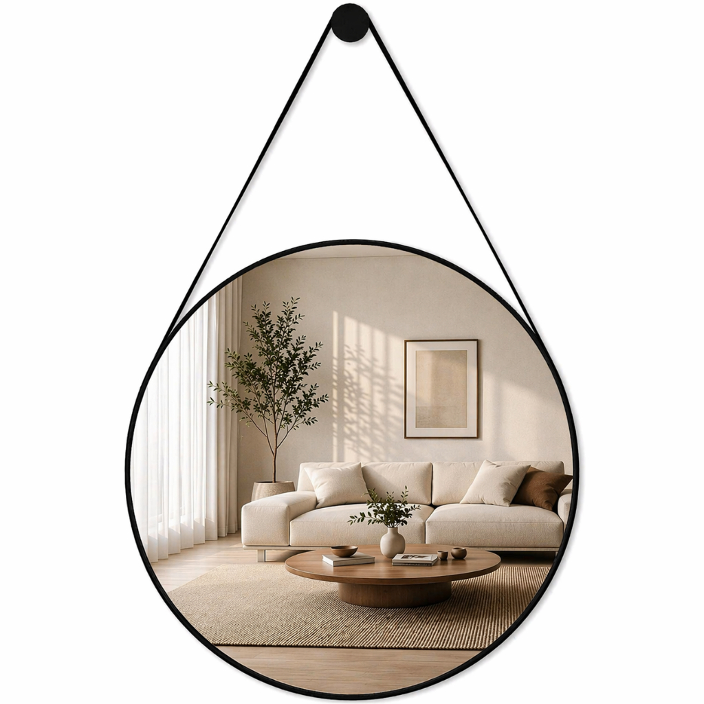 Espelho Adnet Couro Alça 60cm 50cm 40cm 30cm 25cm Redondo Grande + Suporte