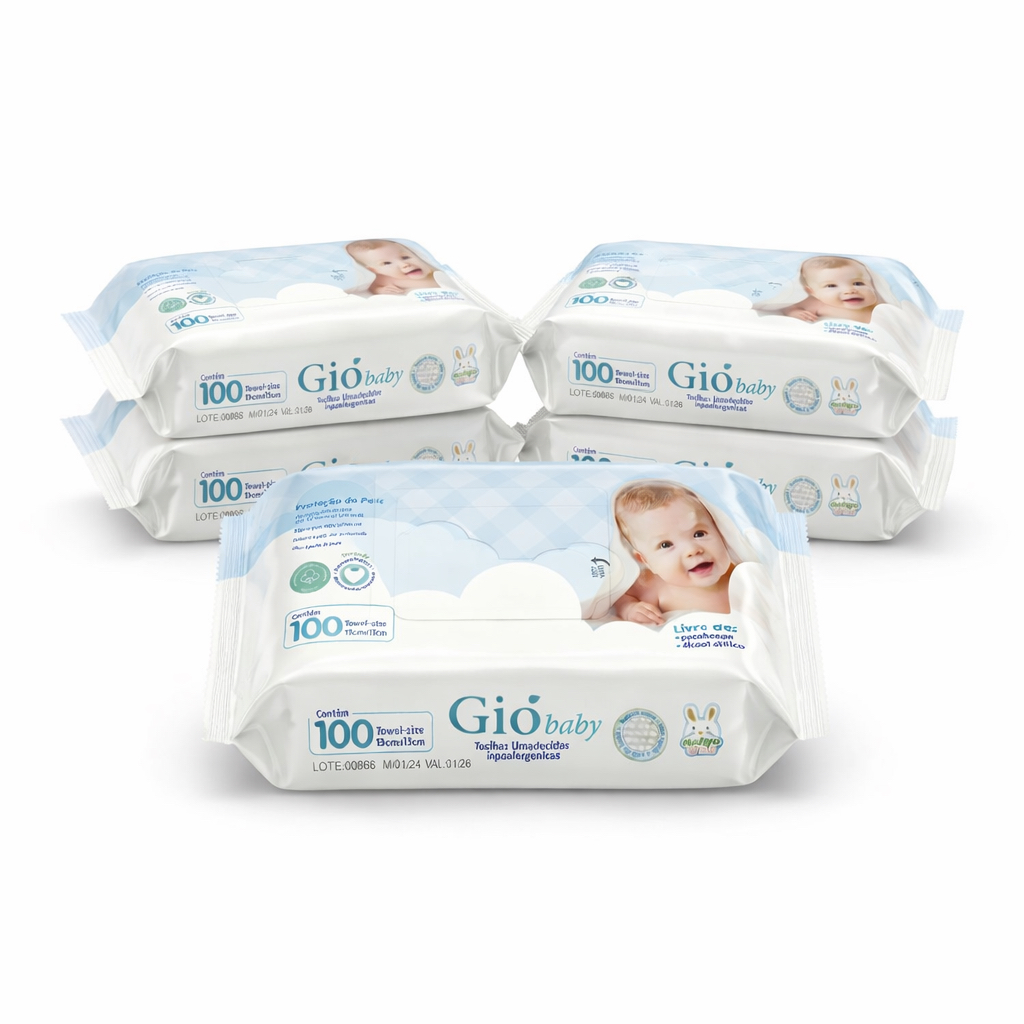 Kit 05 Pacotes Toalhas Umedecidas GIO BABY - 100 Folhas - 98% Água - Vegano Lenço Umedecido