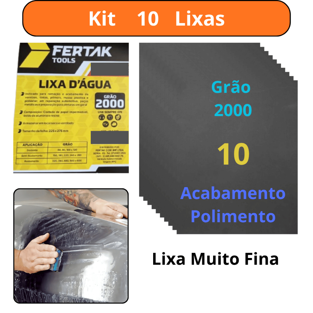 Kit 10 lixas 2000 d'agua Grão Folha Polimento Lixamento Acabamento Superfície Plástico Metal Jogo Gr