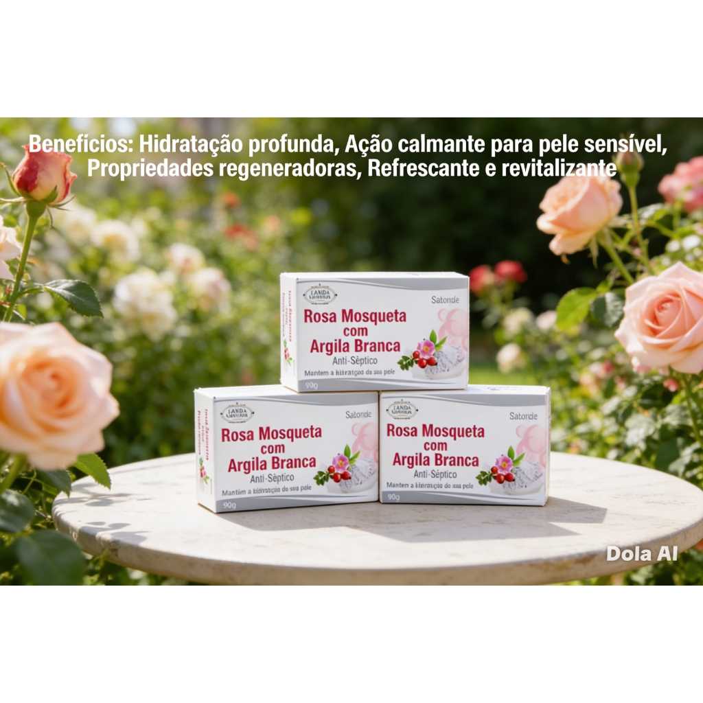 Kit com 03 sabonetes Rosa Mosqueta com Argila Branca Lianda Natural 90g