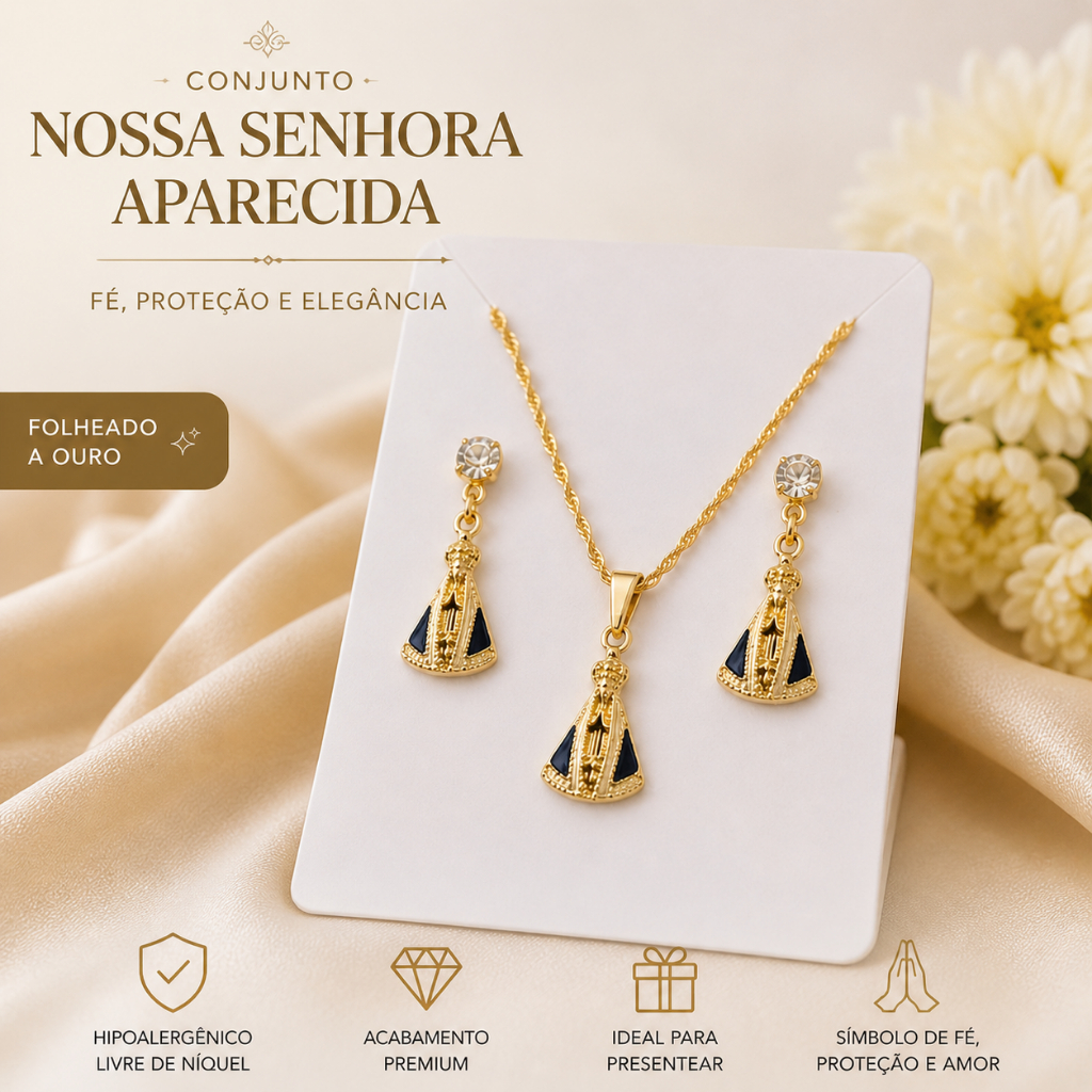 Conjunto Nossa Senhora Aparecida Folheado a Ouro ou Prata – Brincos + Cola rMinimalista