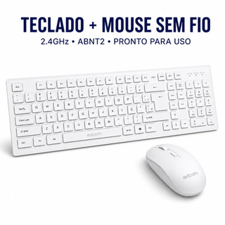 Teclado Sem Fio Branco ABNT2 Mouse Ergonômico USB PC Notebook Home Office
