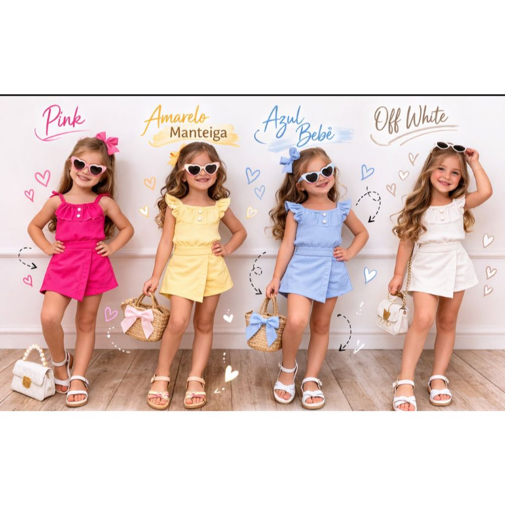 Conjunto Infantil Feminino Blogueirinha 2026Short Saia e Blusa Menina Algodão Canelado Confortavel