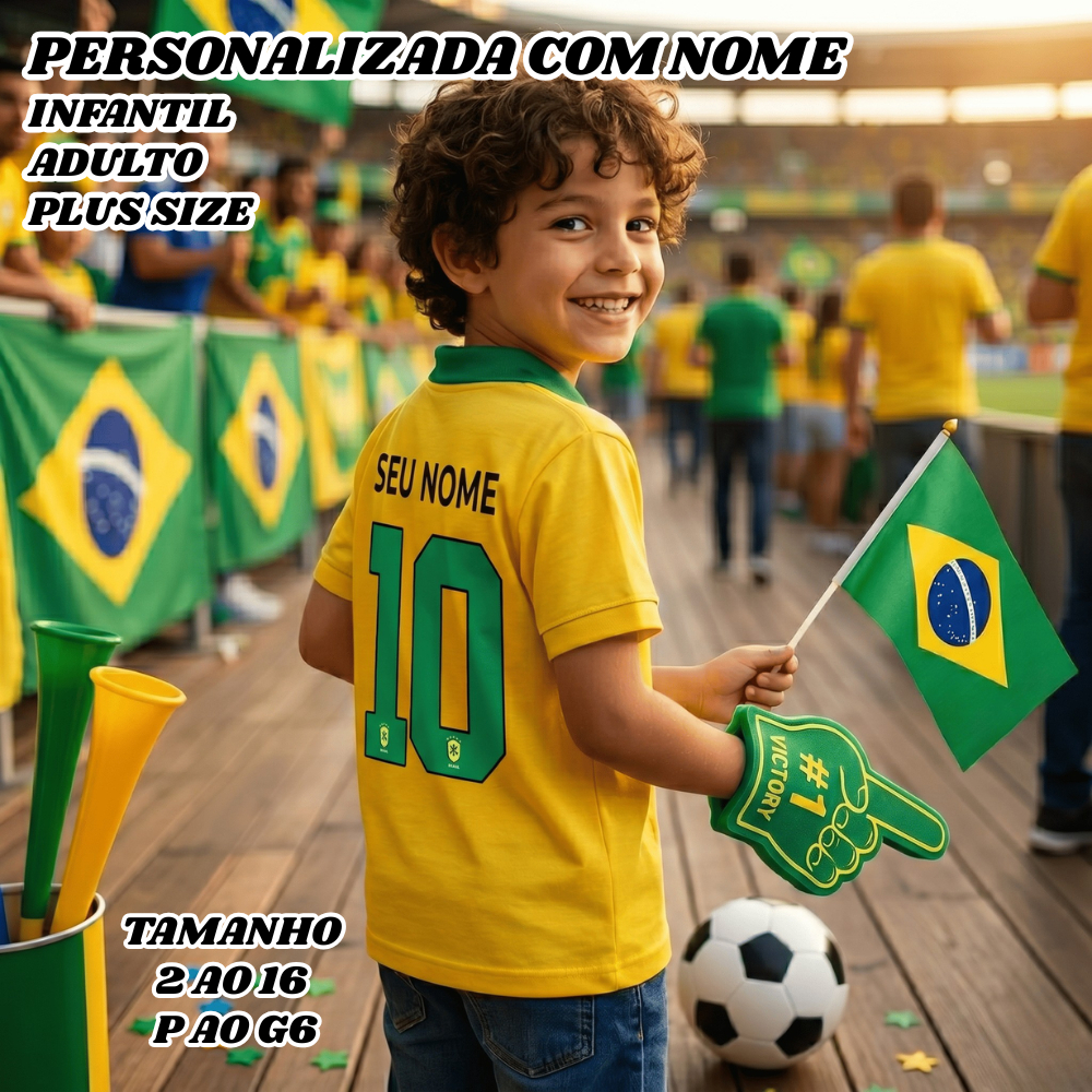 Camiseta Infantil e Adulto Personalizada Copa Do Mundo Brasil Com Nome Algodão Lançamento Plus Size