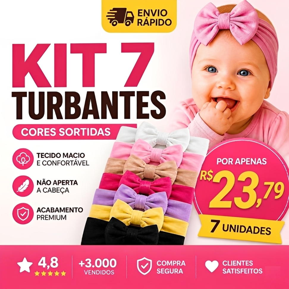 Kit 7 Turbantes Bebê Menina Faixa Laço Macio Confortável Recém Nascida