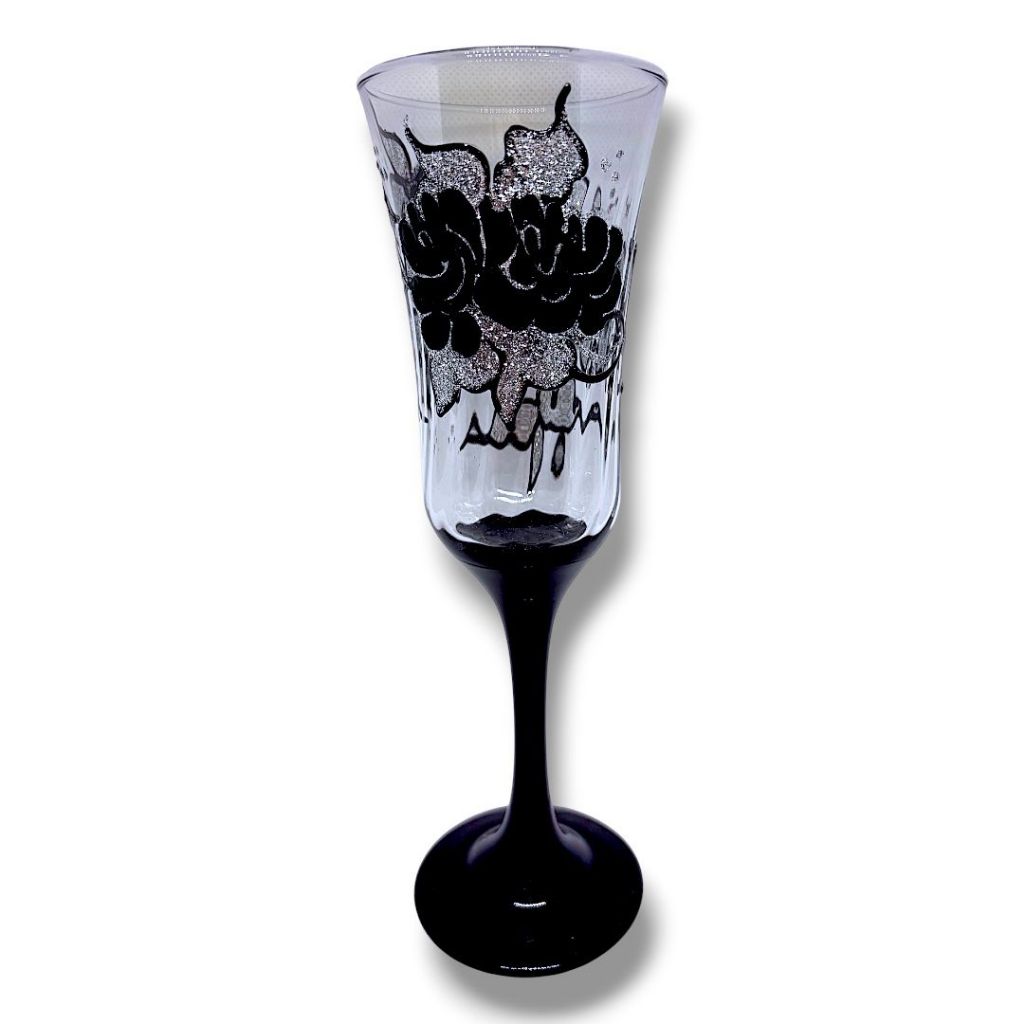 Taça Champanhe Flor Preta e Prata Pomba Gira Padilha Mulambo Sete Saias Rosa Caveira Vidro Decorado Umbanda
