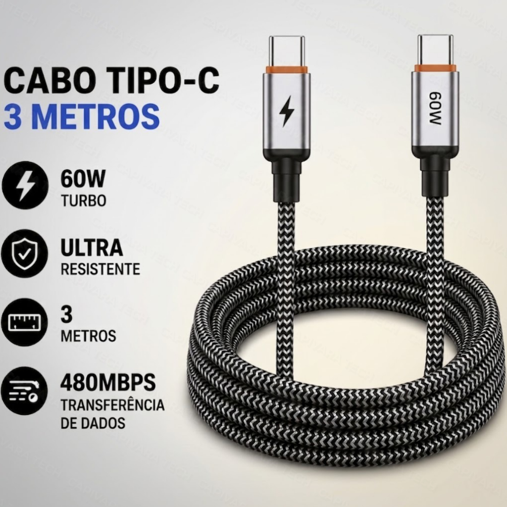 Cabo USB Tipo-C x Tipo-C 60W Turbo 3 Metros Reforçado – Rápido, Durável, Compatibilidade universal
