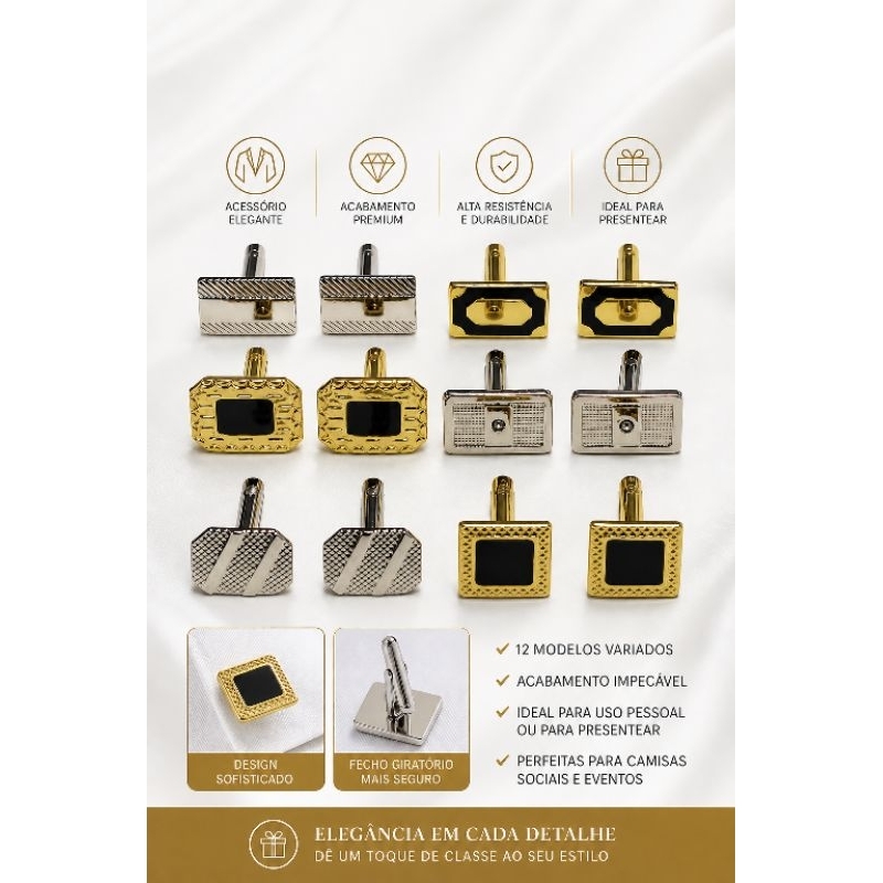 Abotuadura masculina kit com 02-pares para camisa manga longa em metal de ótima qualidade