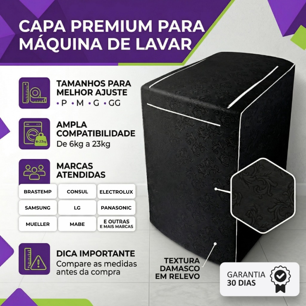 Capa para Máquina de Lavar Impermeável Com ziper abertura superior  Electrolux Brastemp Consul Cinza Preta Bege