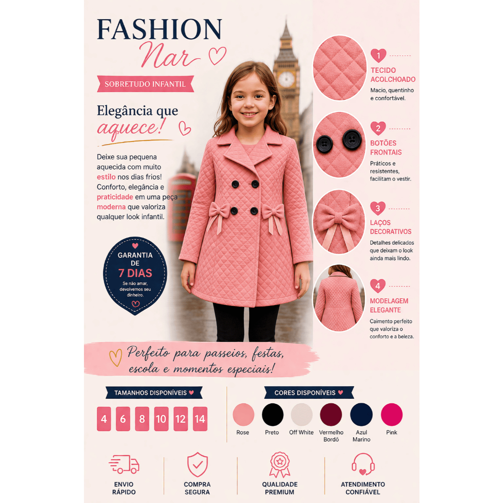Sobretudo Infantil Feminino Menina – Casaco Quentinho, Fofo e Elegante!