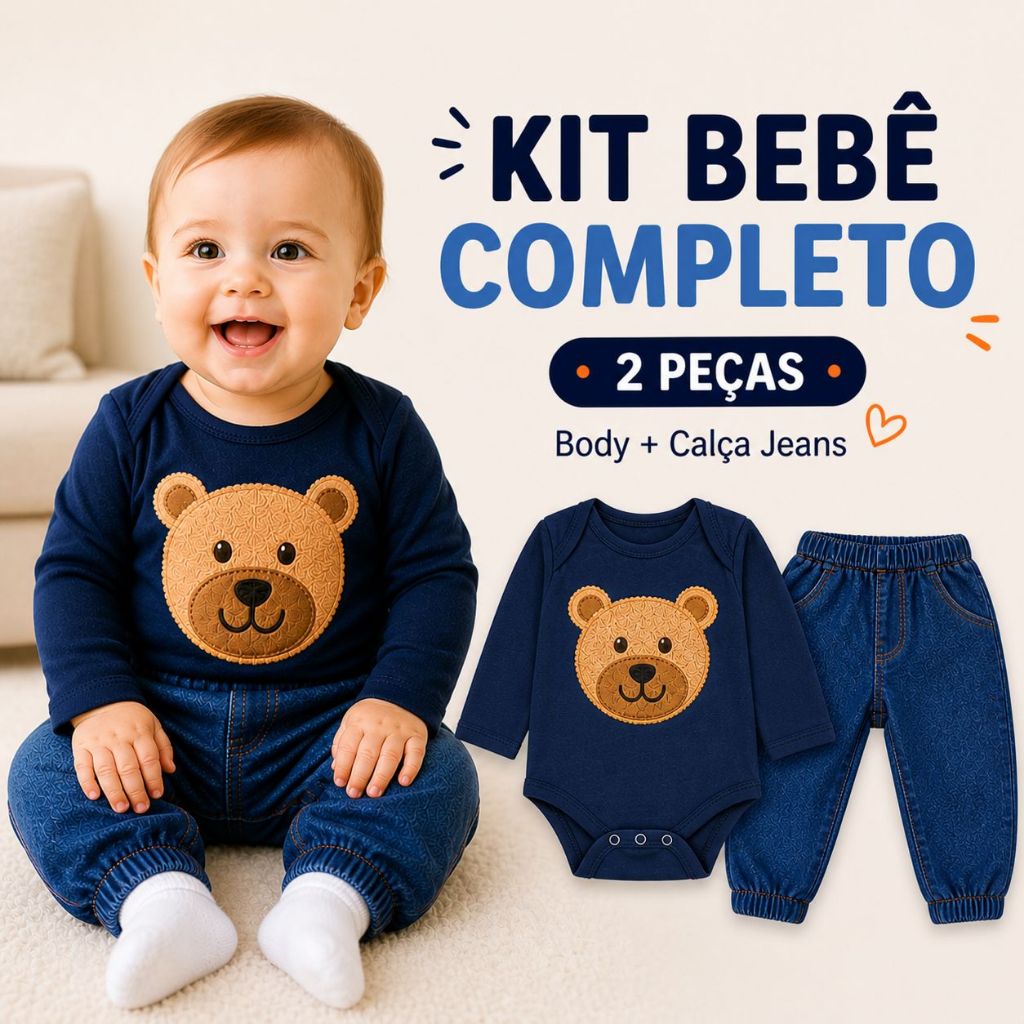 Conjunto Bebê Masculino Body Bordado Ursinho Leão + Calça Jeans Confortável Roupa Infantil