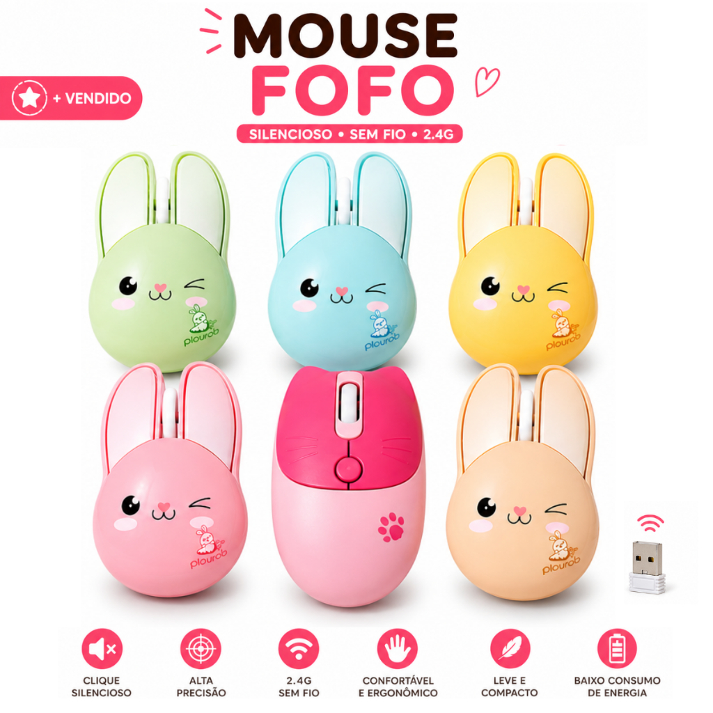 Mouse Óptico Gatinho / Coelhinho Wireless Sem Fio 2.4g Silencioso Fofo Para Tablet Pc Notebook