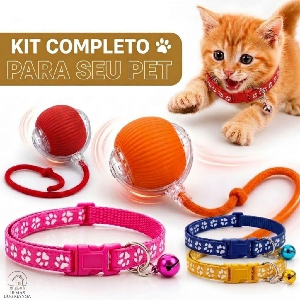 Kit Coleira Pet Ajustável Com Sininho Gato e Cão + Brinquedo Bola Interativa USB Anti Estresse LED