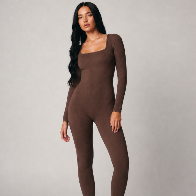 Macacão Longo Feminino Manga Longa Ribana Canelada Justo Elegante Conforto