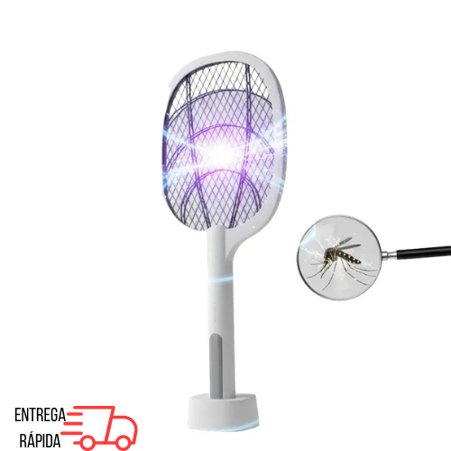 Raquete Mata Mosquito Recarregável Com Suporte De Mesa Casa Cor Branco