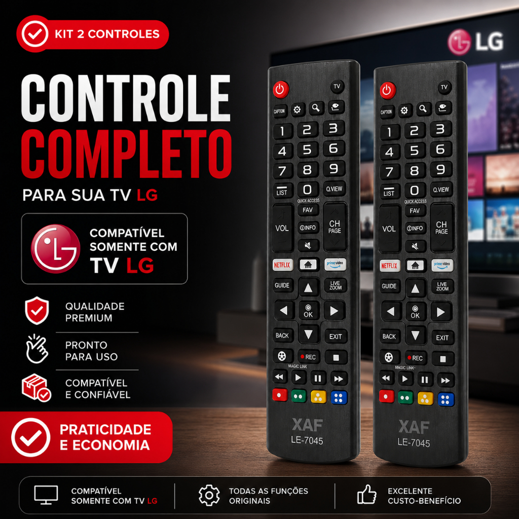 KIT Controle Remoto Substituto Genérico Compatível p/ Smart TV LG com Teclas Rápidas Netflix e Amazon, Reposição para LG