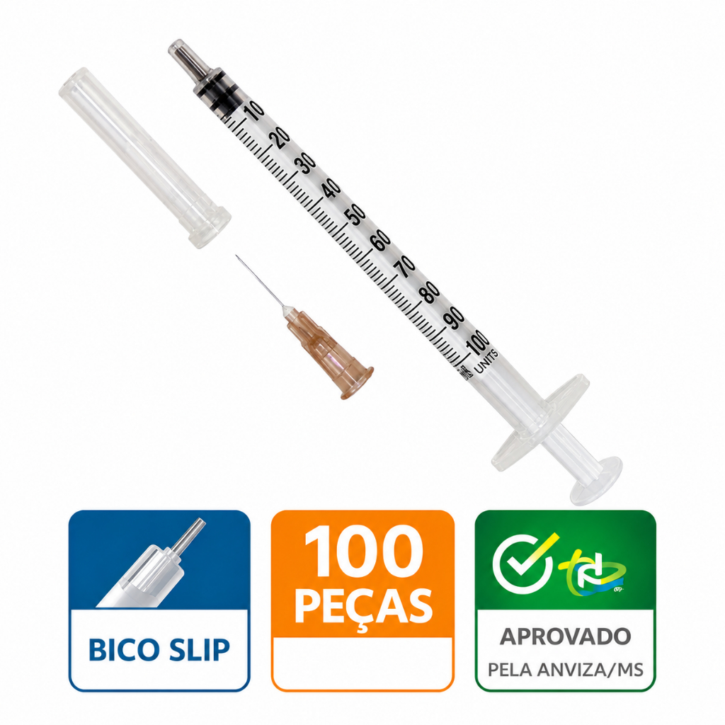 Seringa 1ml com Agulha 13x0,45 Bico Slip Descartável para Insulina/Testosterona (100un)