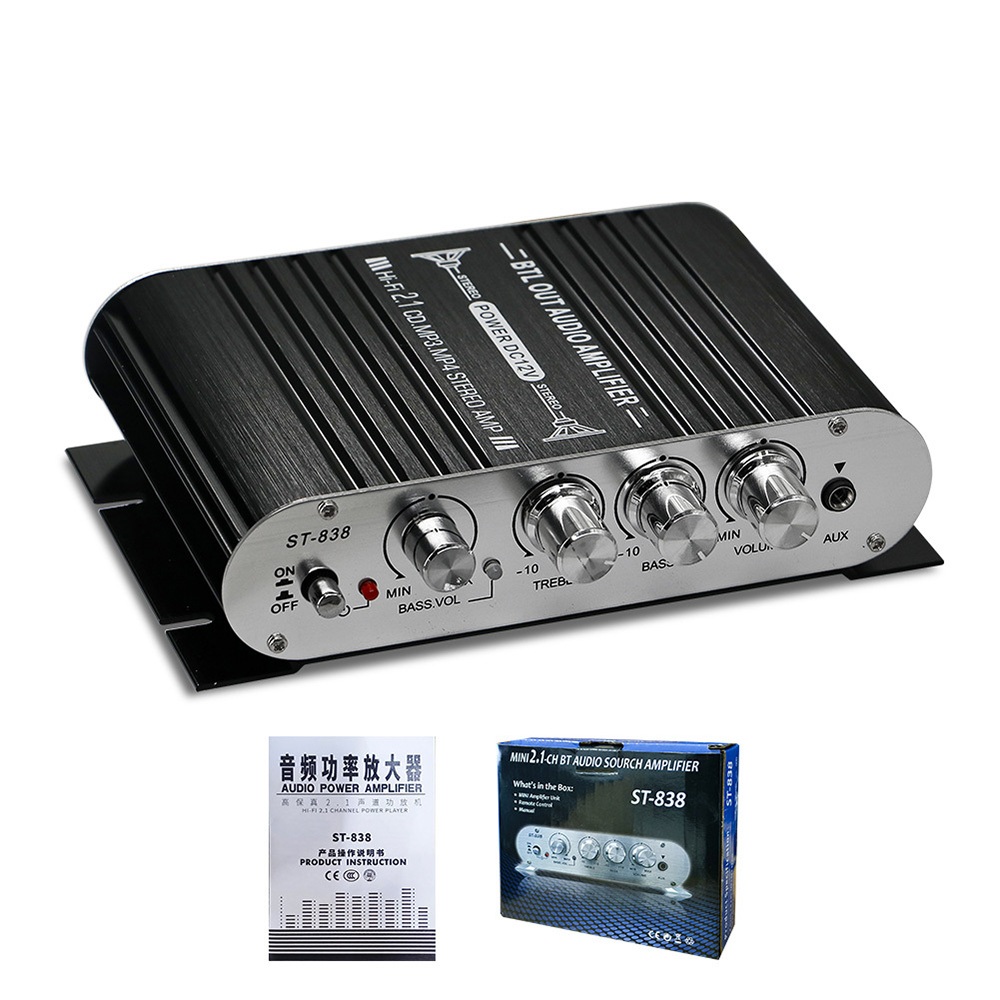 Amplificador de Áudio 2.1 Canais 12V 20Wx2+45W Subwoofer Independente AUX Carro Casa Barco Alumínio ST-838