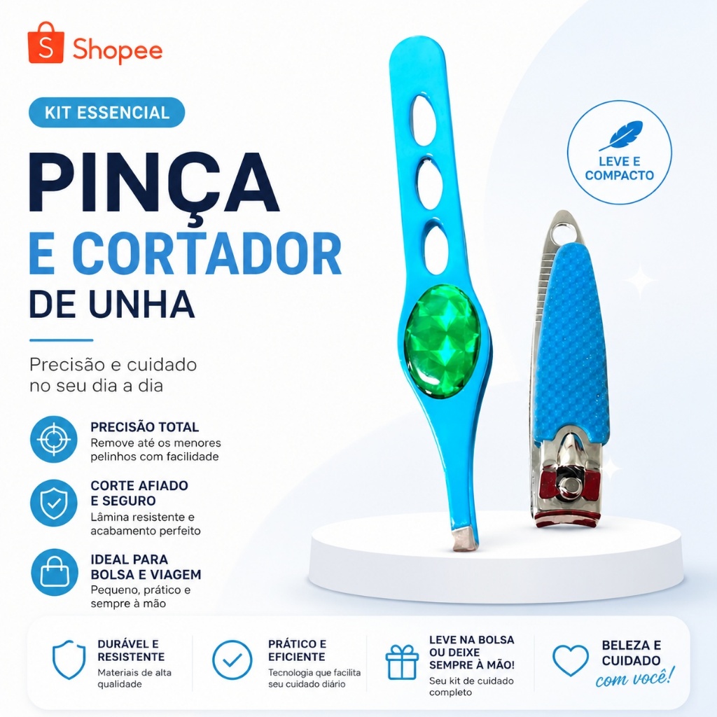 Kit Manicure Pinça e Cortador de Unha Profissional Inox Pequeno Compacto Preciso para Bolsa Viagem