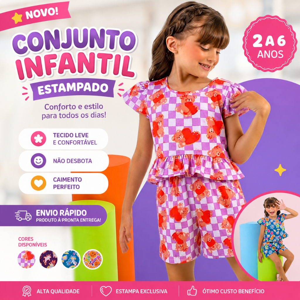 Conjunto Infantil Feminino Verão Menina 2 a 6 Anos Roupa Infantil Estampada Confortável