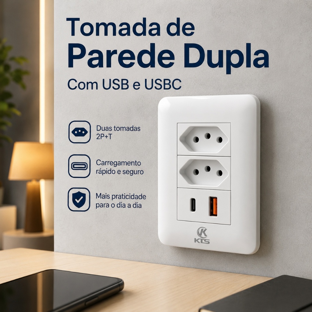 Tomada De Parede Dupla USB E USB-C Carregador Rápido 4 Em 1 Bivolt 110v 220v 10A Branco