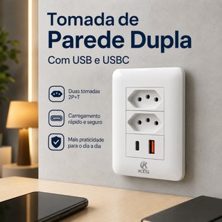 Tomada De Parede Dupla USB E USB-C Carregador Rápido 4 Em 1 Bivolt 110v 220v 10A Branco